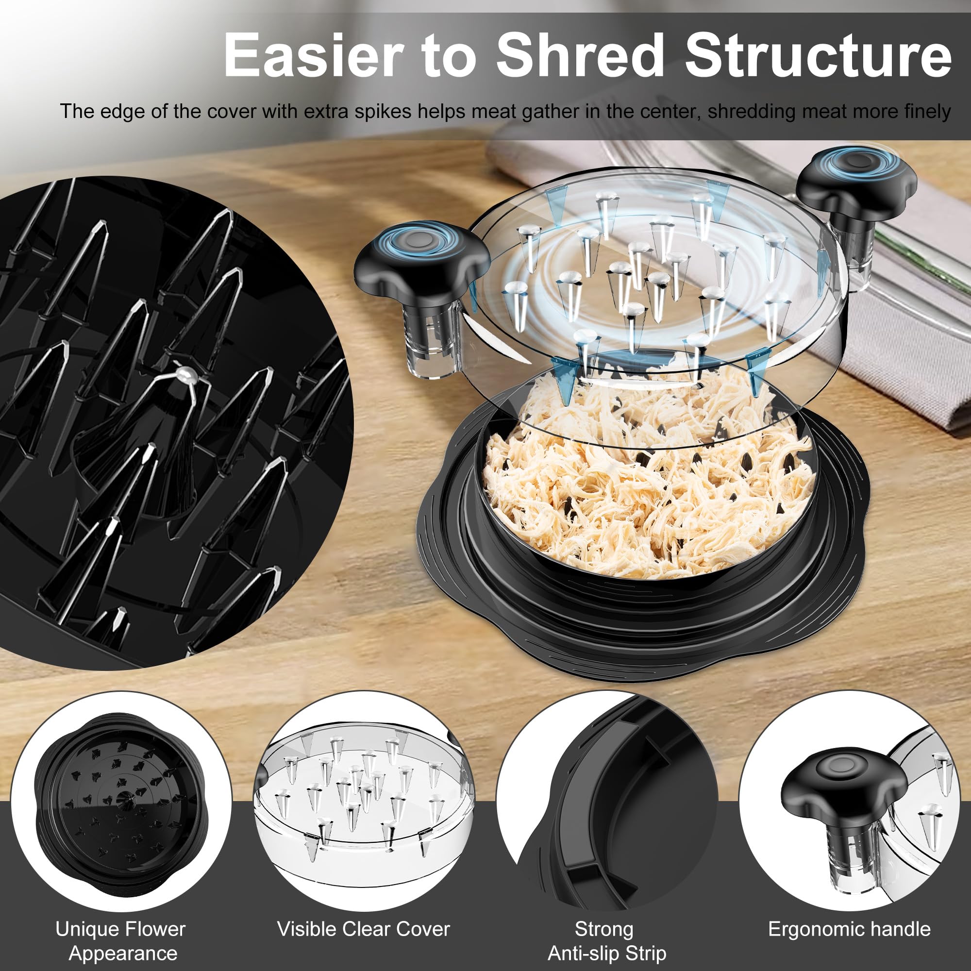 SoulLife Chicken Shredder 8 Inches, Chicken Breast Shredder Tool, Cooked Meat Shredder With Clear Lid, Ergonomic Design, Auti-slip, Easy To Clean, Chicken Shredder Tool Twist, Chicken Grinder (Black)