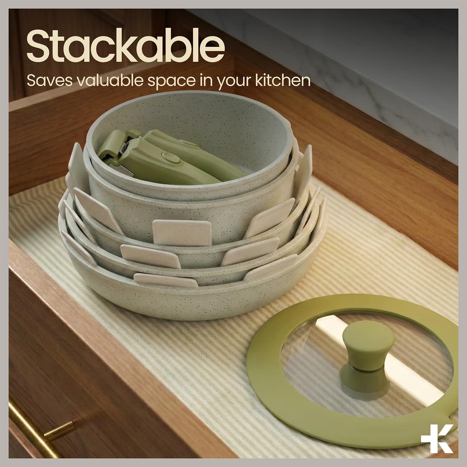 Pots and Pans Set Non Stick Ceramic-Granite – 14-Piece Cookware with Detachable Handles, Stackable Space-Saving, Dishwasher Safe, Stain-resistant, Oven & All-Stove Safe, Tempered Glass Lids, Green