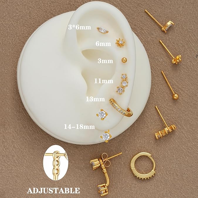 6 Pairs 14K Gold Plated Stud Earrings for Women, Hypoallergenic Cartilage Earrings for Multiple Piercing, Dainty Small Stackable Earrings Set for Jewelry Gift