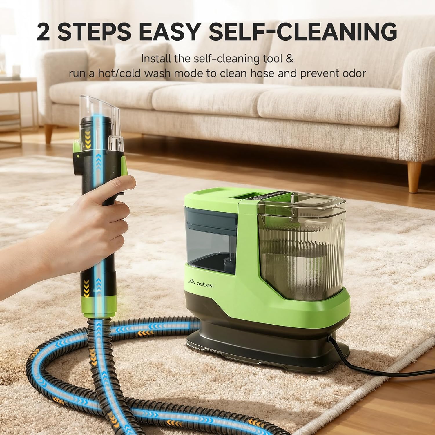 AAOBOSI Portable Carpet Cleaner Machine, 17Kpa Upholstery Steam Cleaner with Smart Voice Prompting, Self-cleaning, 4 Tools for Pets, Car, Couch and Stairs- C688, Green