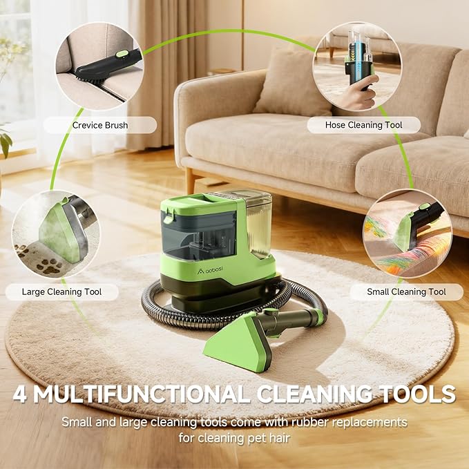AAOBOSI Portable Carpet Cleaner Machine, 17Kpa Upholstery Steam Cleaner with Smart Voice Prompting, Self-cleaning, 4 Tools for Pets, Car, Couch and Stairs- C688, Green