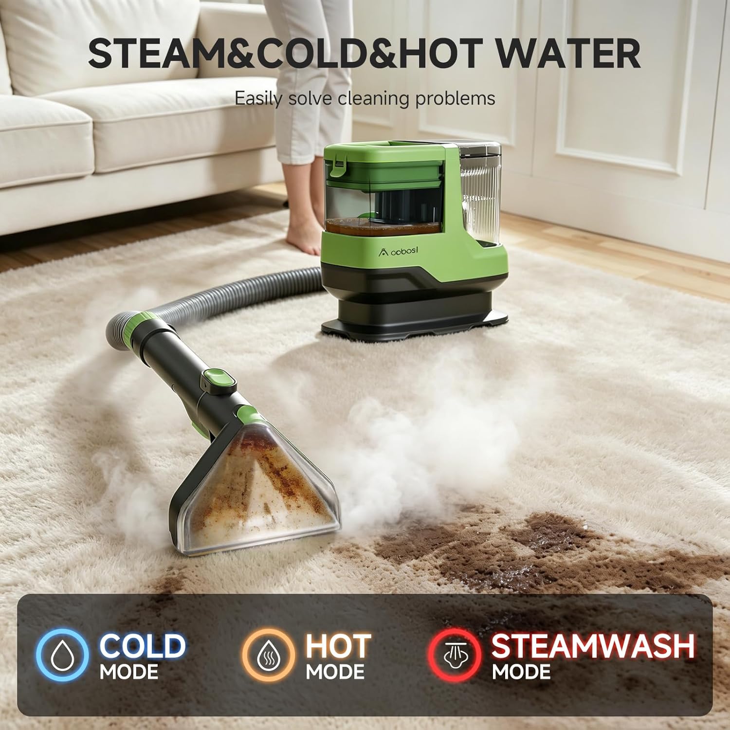 AAOBOSI Portable Carpet Cleaner Machine, 17Kpa Upholstery Steam Cleaner with Smart Voice Prompting, Self-cleaning, 4 Tools for Pets, Car, Couch and Stairs- C688, Green