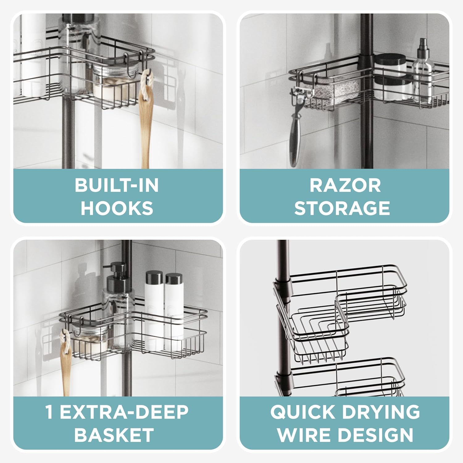 Zenna Home Tension Pole Shower Caddy Corner Organizer, Adjustable Standing Shower Caddy with 4 L-shaped Baskets and Hooks, Rust Resistant Bathroom Tension Rod Organizer, 60 to 97 Inch, Bronze