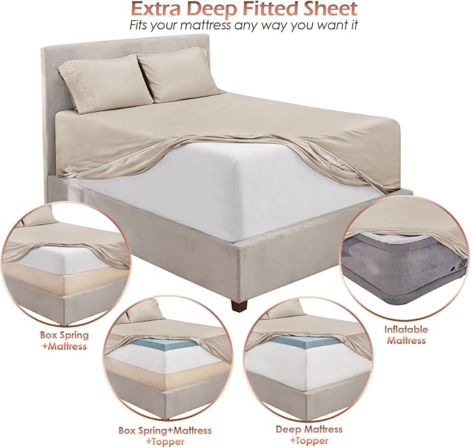 Hearth &amp; Harbor Extra Deep Pocket Sheet Sets, Luxury Soft 6 Piece Bed Sheet Set Fits Mattress 18-24 Inches - King, Linen