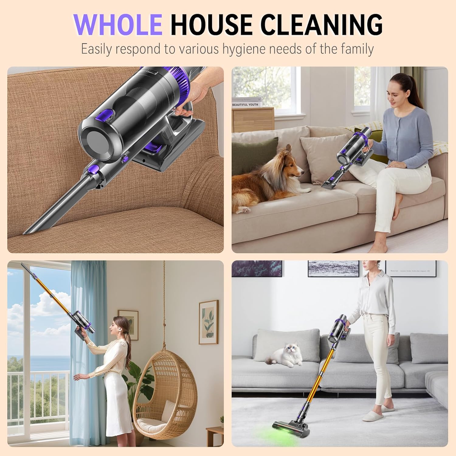 Cordless Vacuum Cleaner, 600W 55KPA 60Mins Vacuum Cleaners for Home,Anti-tangle Wireless Vacumm,Rechargeable Vacuum With Green Light,Powerful Stick Vacuum for Carpet/Hardwood Floors,Pet Hair,Purple