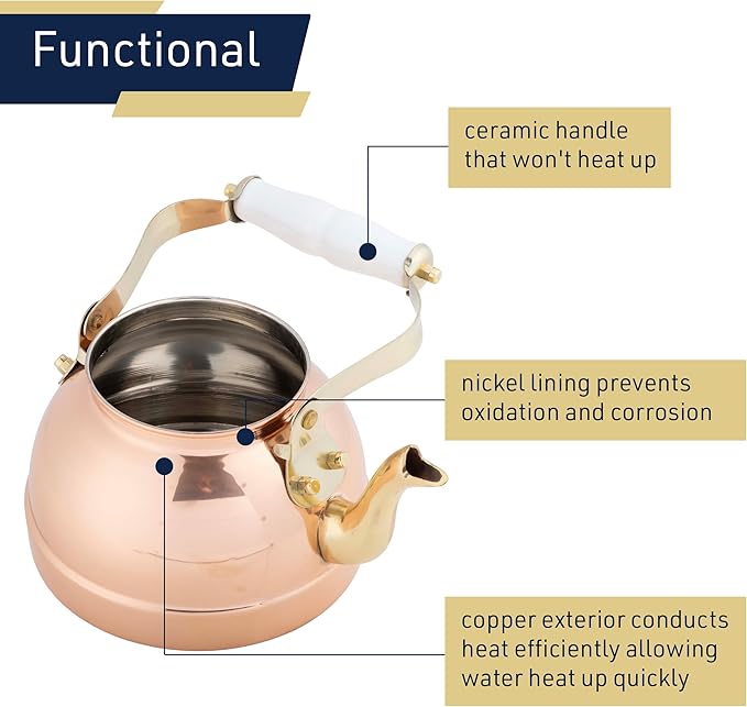Classic Cuisine Copper Tea Kettle - Teapot for Stovetop with Copper Exterior, Nickel Lining, and Ceramic Handle - 7.25C/1.8Q Vintage-Style Kettle - Perfect for Tea, Coffee, or Cooking
