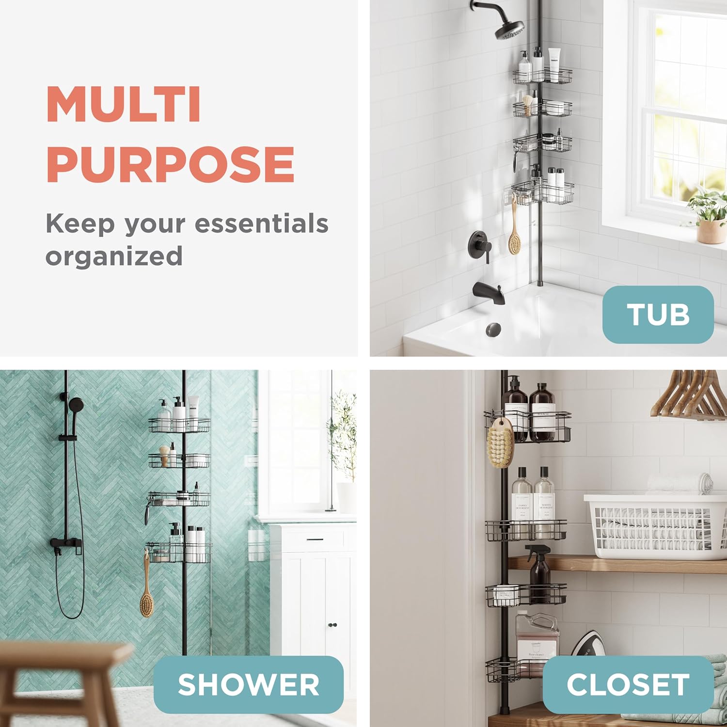 Zenna Home Tension Pole Shower Caddy Corner Organizer, Adjustable Standing Shower Caddy with 4 L-shaped Baskets and Hooks, Rust Resistant Bathroom Tension Rod Organizer, 60 to 97 Inch, Bronze