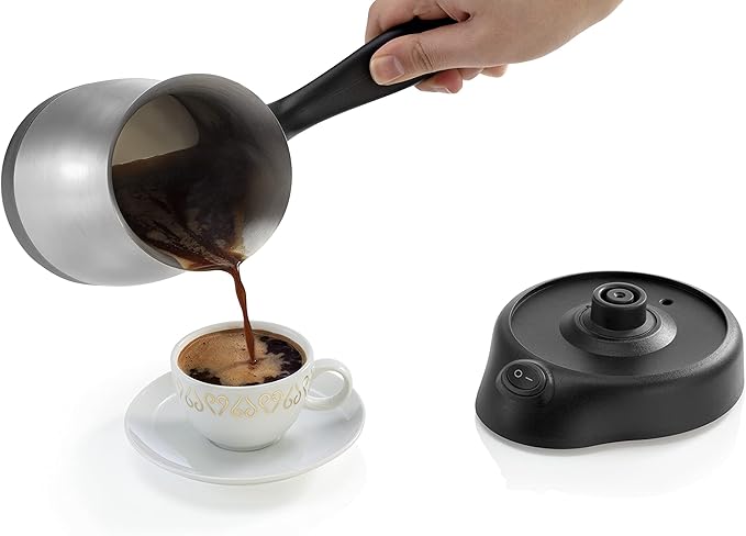 Arzum Cezve Electric Turkish Coffee Maker, Stainless Steel, Boil-Dry Protection, Lid for Extra Protection, Cordless Use, 1 to 4 cups, 120V, 3-pin US-plug, 800W