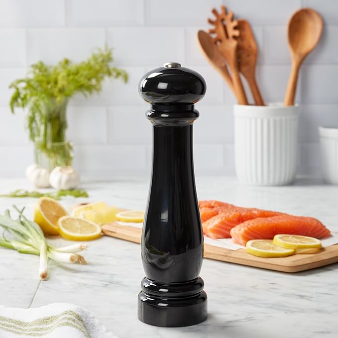 Kamenstein Traditional Glossy Battery Operated Grinder for Salt or Peppercorns, Easy to Use with One Handed Push of a Button, Runs on Batteries, batteries not Included, 10in, Black