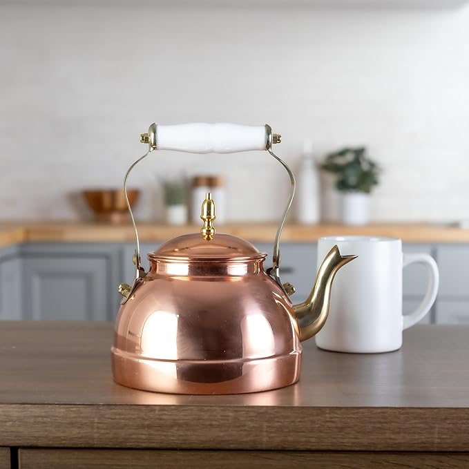 Classic Cuisine Copper Tea Kettle - Teapot for Stovetop with Copper Exterior, Nickel Lining, and Ceramic Handle - 7.25C/1.8Q Vintage-Style Kettle - Perfect for Tea, Coffee, or Cooking