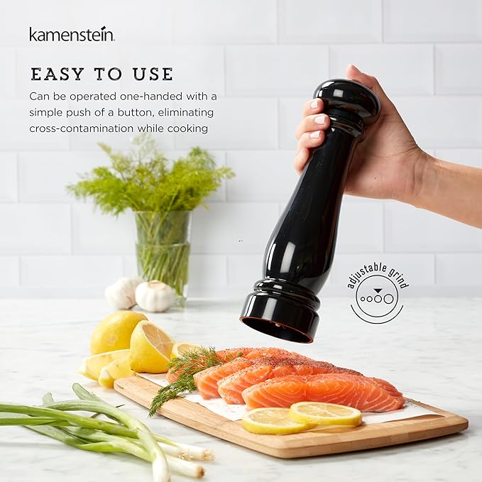 Kamenstein Traditional Glossy Battery Operated Grinder for Salt or Peppercorns, Easy to Use with One Handed Push of a Button, Runs on Batteries, batteries not Included, 10in, Black