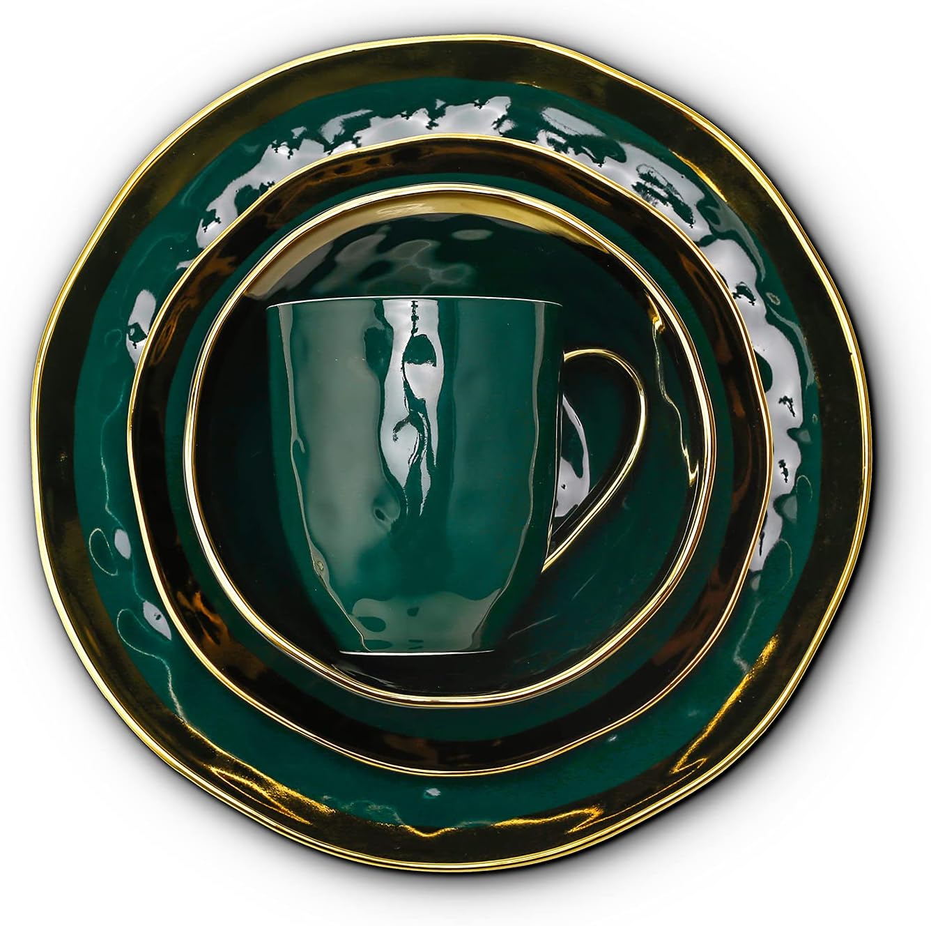 Stone Lain Florian Modern Porcelain 16 Piece Dinnerware Set, Plates and Bowls Set, Dish set for 4, Green and Golden Rim