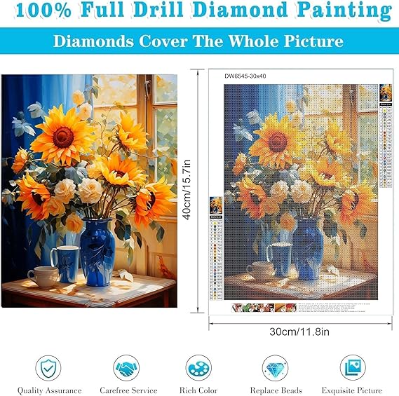 Diamond Art Painting Kits for Adults, Flower 5D Diamond Paint Dots Art Kit for Adult Beginner, Sunflowers DIY Round Gem Crystal Art Paintings by Diamond, Home Wall Decor Crafts 12x 16 inch
