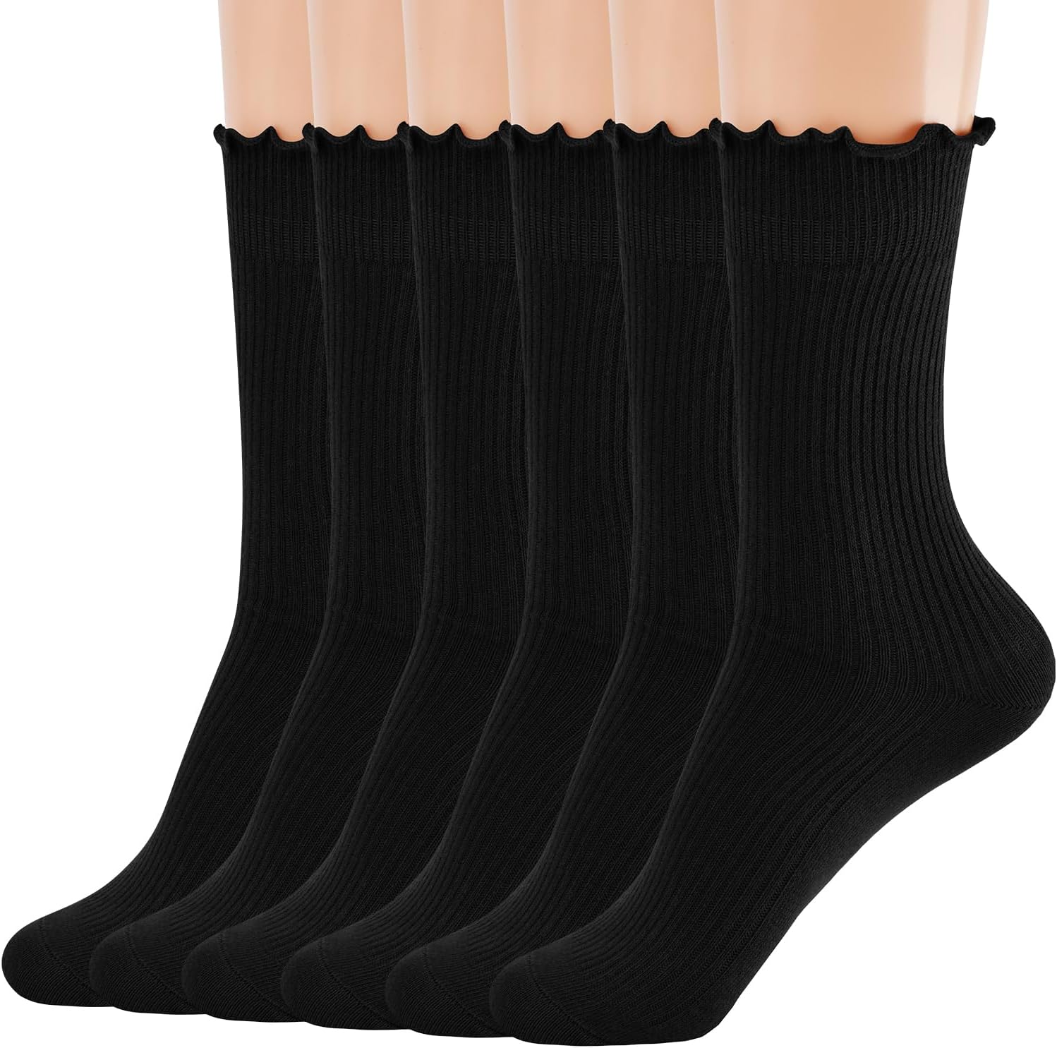 MORECOO 6 Pairs Socks for Women, Cute Ruffle Frilly Ankle Socks, Cotton Lace Crew Socks for Mary Jane Shoes, 6 Pack