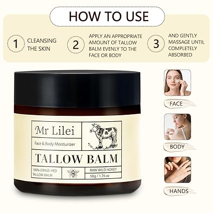 Beef Tallow for Skin - 100% Organic Grass-Fed Beef Tallow Balm with Raw Honey, Natural Whipped Face Moisturizer & Body Butter for Dry & Sensitive Skin, Non-Greasy (Unscented, 50g/1.76oz)