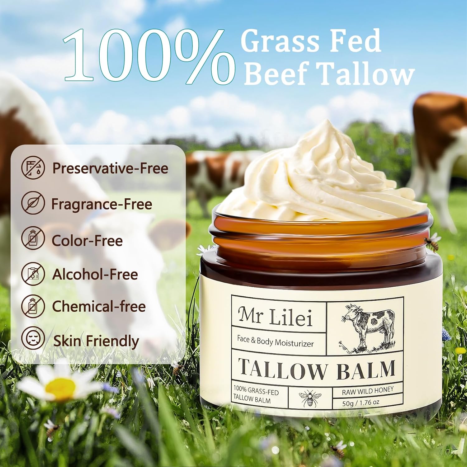 Beef Tallow for Skin - 100% Organic Grass-Fed Beef Tallow Balm with Raw Honey, Natural Whipped Face Moisturizer & Body Butter for Dry & Sensitive Skin, Non-Greasy (Unscented, 50g/1.76oz)