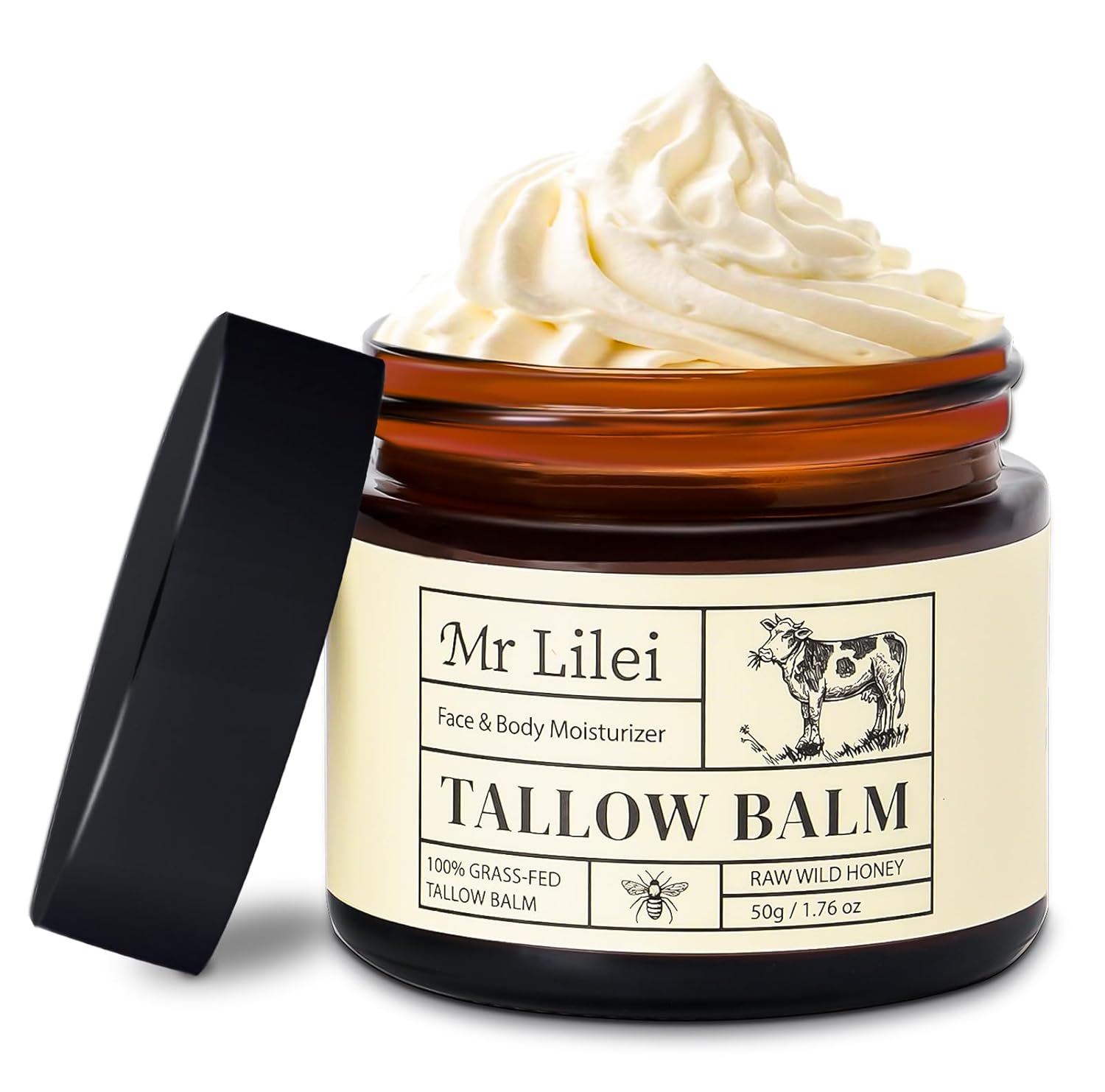 Beef Tallow for Skin - 100% Organic Grass-Fed Beef Tallow Balm with Raw Honey, Natural Whipped Face Moisturizer & Body Butter for Dry & Sensitive Skin, Non-Greasy (Unscented, 50g/1.76oz)