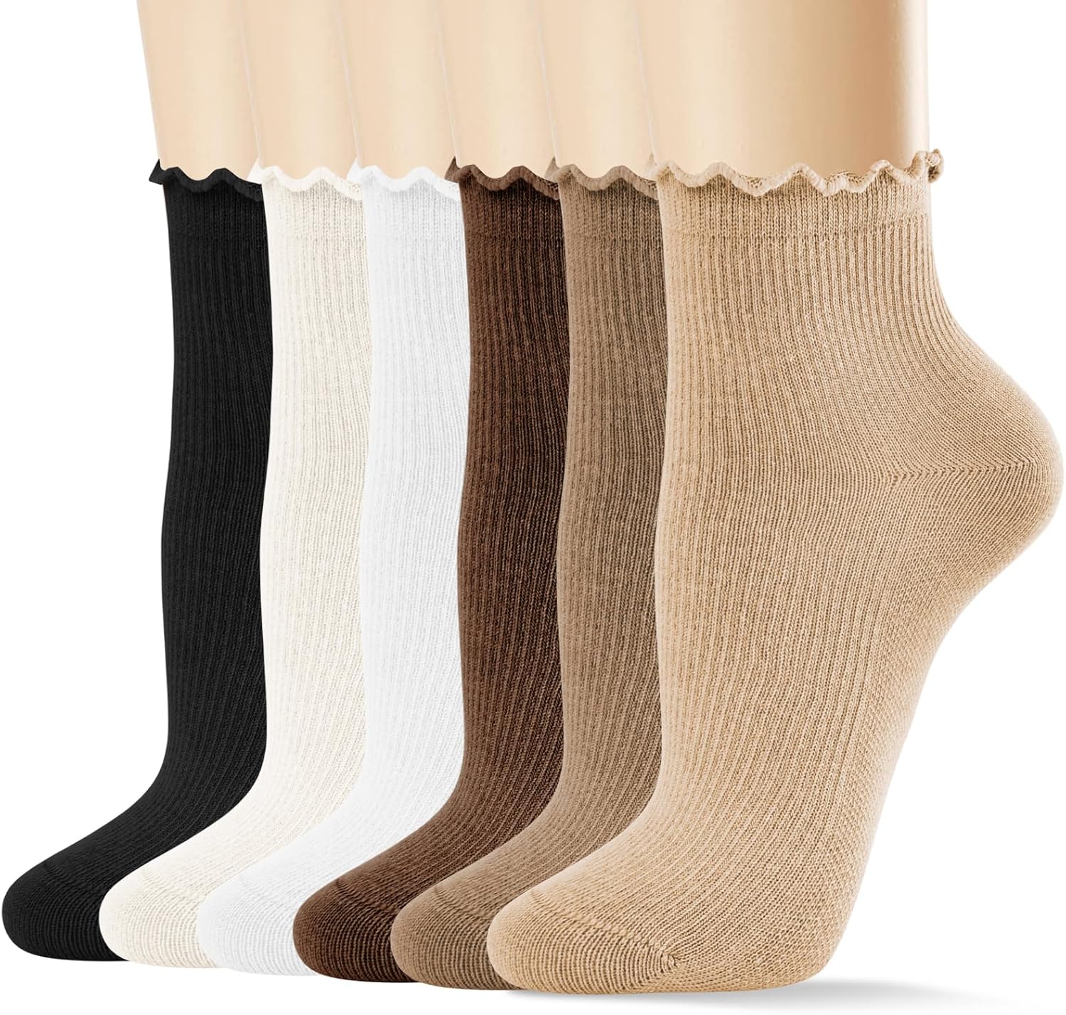 MORECOO 6 Pairs Socks for Women, Cute Ruffle Frilly Ankle Socks, Cotton Lace Crew Socks for Mary Jane Shoes, 6 Pack