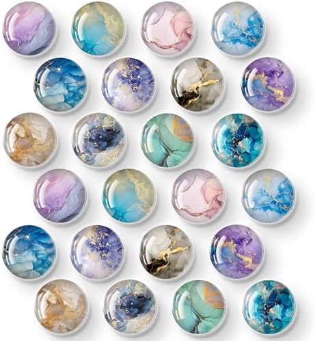 Thick 9mm 3D Glass Refrigerator Magnets 30mm Round – Strong Soft Magnet Backing, Heavy Duty Fridge Magnets for Photos, Notes, Whiteboard & Locker Use -24 Magnets(12 Designs of Gilded Sand, 2 of Each)
