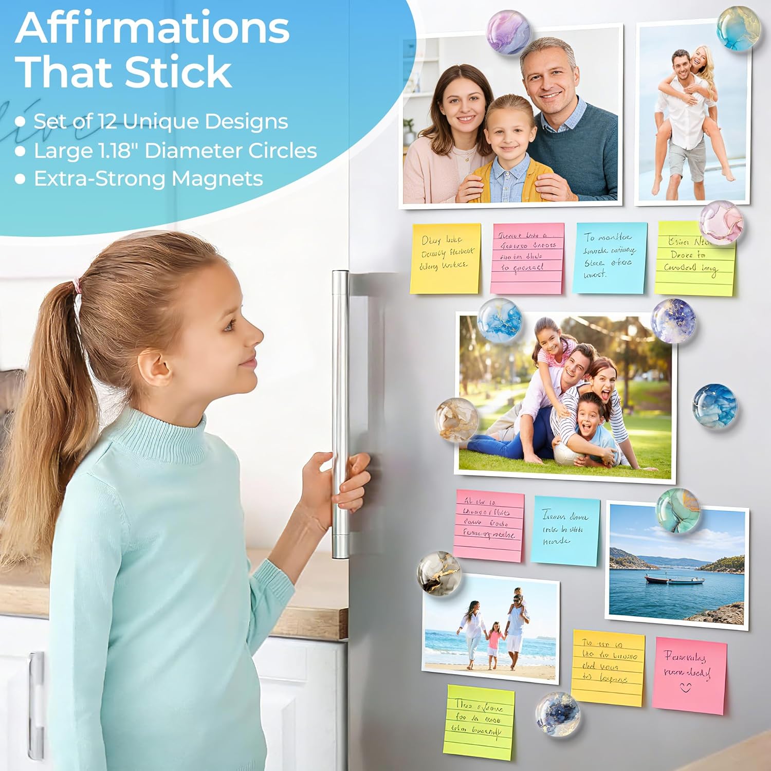 Thick 9mm 3D Glass Refrigerator Magnets 30mm Round – Strong Soft Magnet Backing, Heavy Duty Fridge Magnets for Photos, Notes, Whiteboard & Locker Use -24 Magnets(12 Designs of Gilded Sand, 2 of Each)