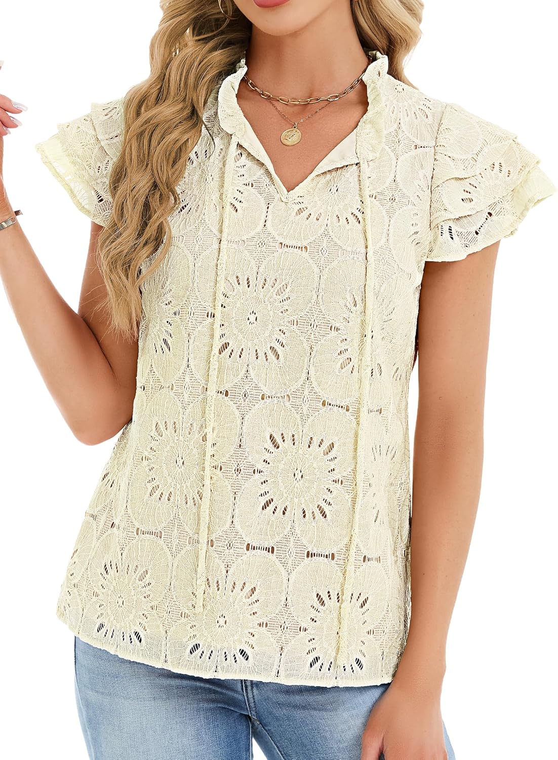 Funlingo Womens Summer Eyelet Tops Dressy Casual Ruffle Cap Sleeve Blouses Hollow Out Crochet Lace Embroidered Shirts