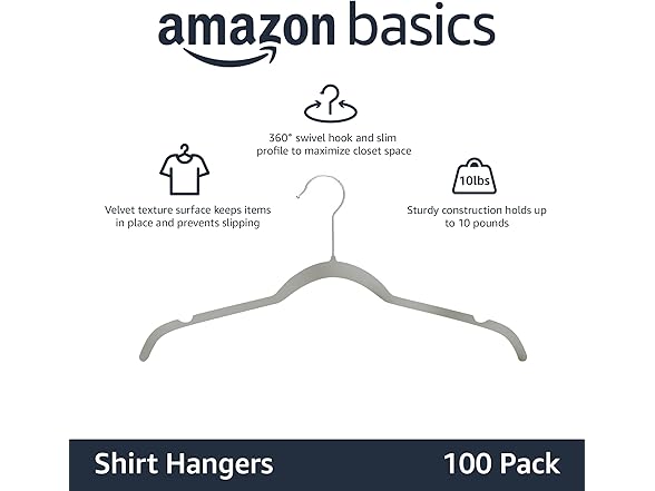 Amazon Basics Space Saving Slim Velvet Non-Slip Clothes Hangers, Sturdy, Gray/Silver, 100-Pack