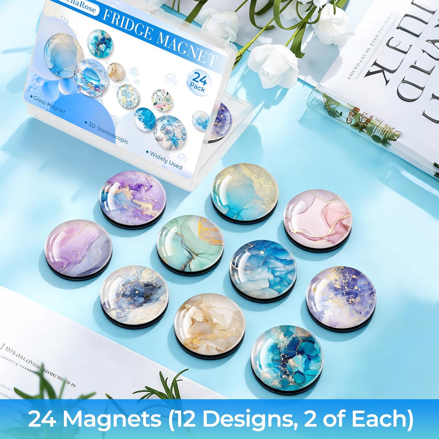Thick 9mm 3D Glass Refrigerator Magnets 30mm Round – Strong Soft Magnet Backing, Heavy Duty Fridge Magnets for Photos, Notes, Whiteboard & Locker Use -24 Magnets(12 Designs of Gilded Sand, 2 of Each)
