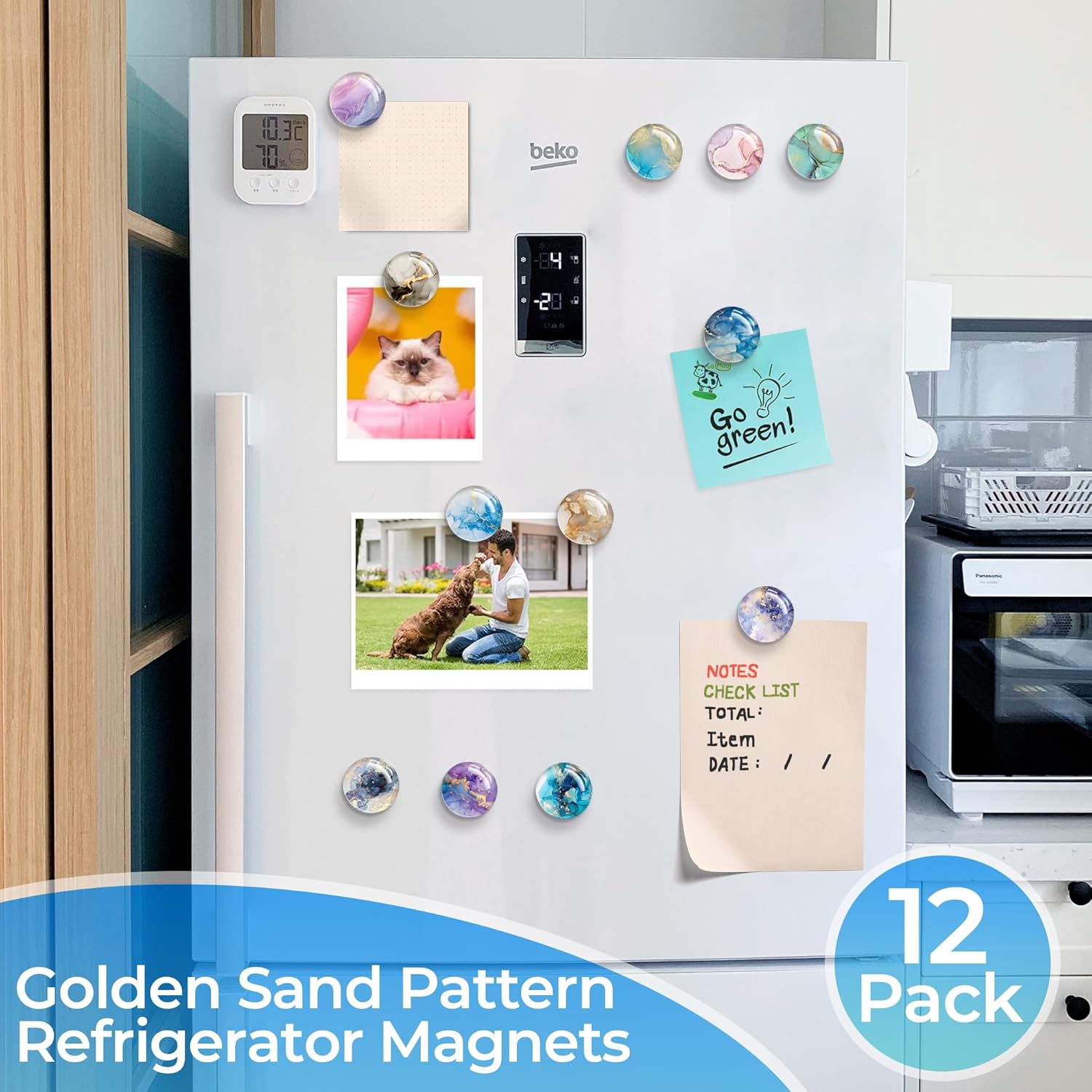 Thick 9mm 3D Glass Refrigerator Magnets 30mm Round – Strong Soft Magnet Backing, Heavy Duty Fridge Magnets for Photos, Notes, Whiteboard & Locker Use -24 Magnets(12 Designs of Gilded Sand, 2 of Each)