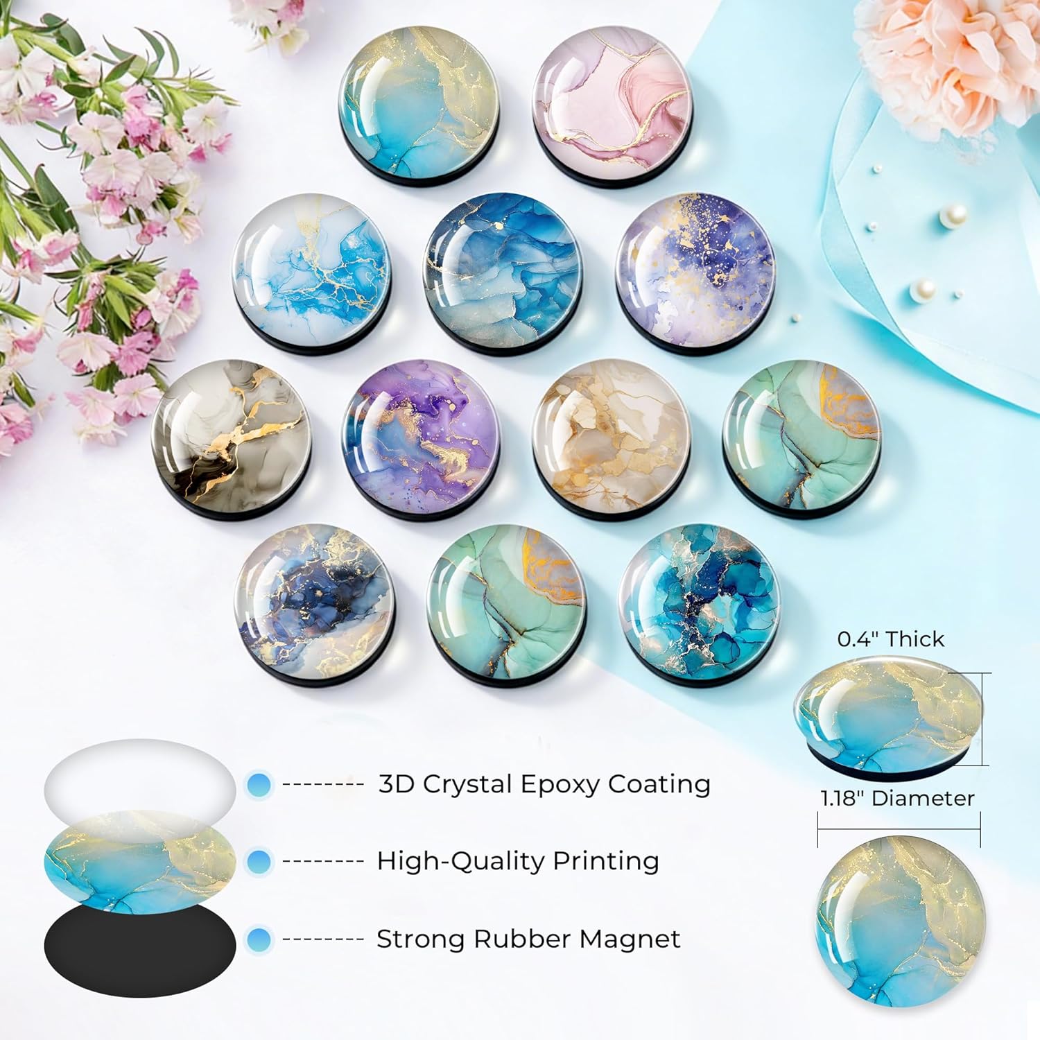 Thick 9mm 3D Glass Refrigerator Magnets 30mm Round – Strong Soft Magnet Backing, Heavy Duty Fridge Magnets for Photos, Notes, Whiteboard & Locker Use -24 Magnets(12 Designs of Gilded Sand, 2 of Each)