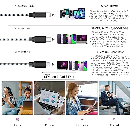 IDISON Multi Charging Cable (2Pack 6ft), 3 in 1 Charging Cable Travel Essentials Nylon Braided Cord USB Port iPhone Charger Cord with Type C Micro Lightning USB for Apple iPhone Android Phone