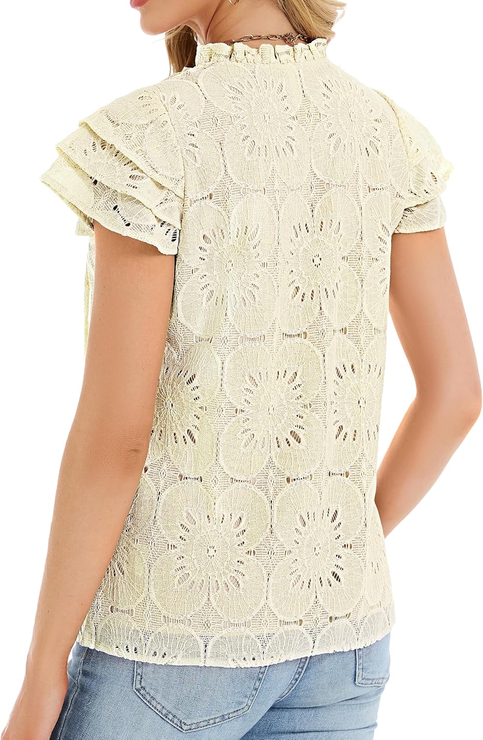 Funlingo Womens Summer Eyelet Tops Dressy Casual Ruffle Cap Sleeve Blouses Hollow Out Crochet Lace Embroidered Shirts
