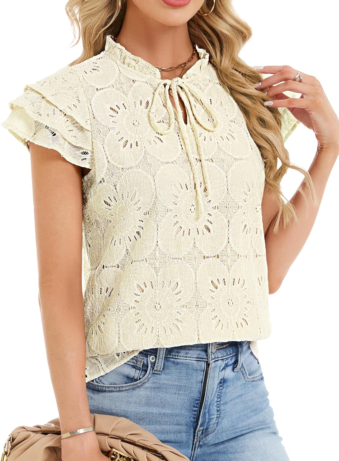 Funlingo Womens Summer Eyelet Tops Dressy Casual Ruffle Cap Sleeve Blouses Hollow Out Crochet Lace Embroidered Shirts