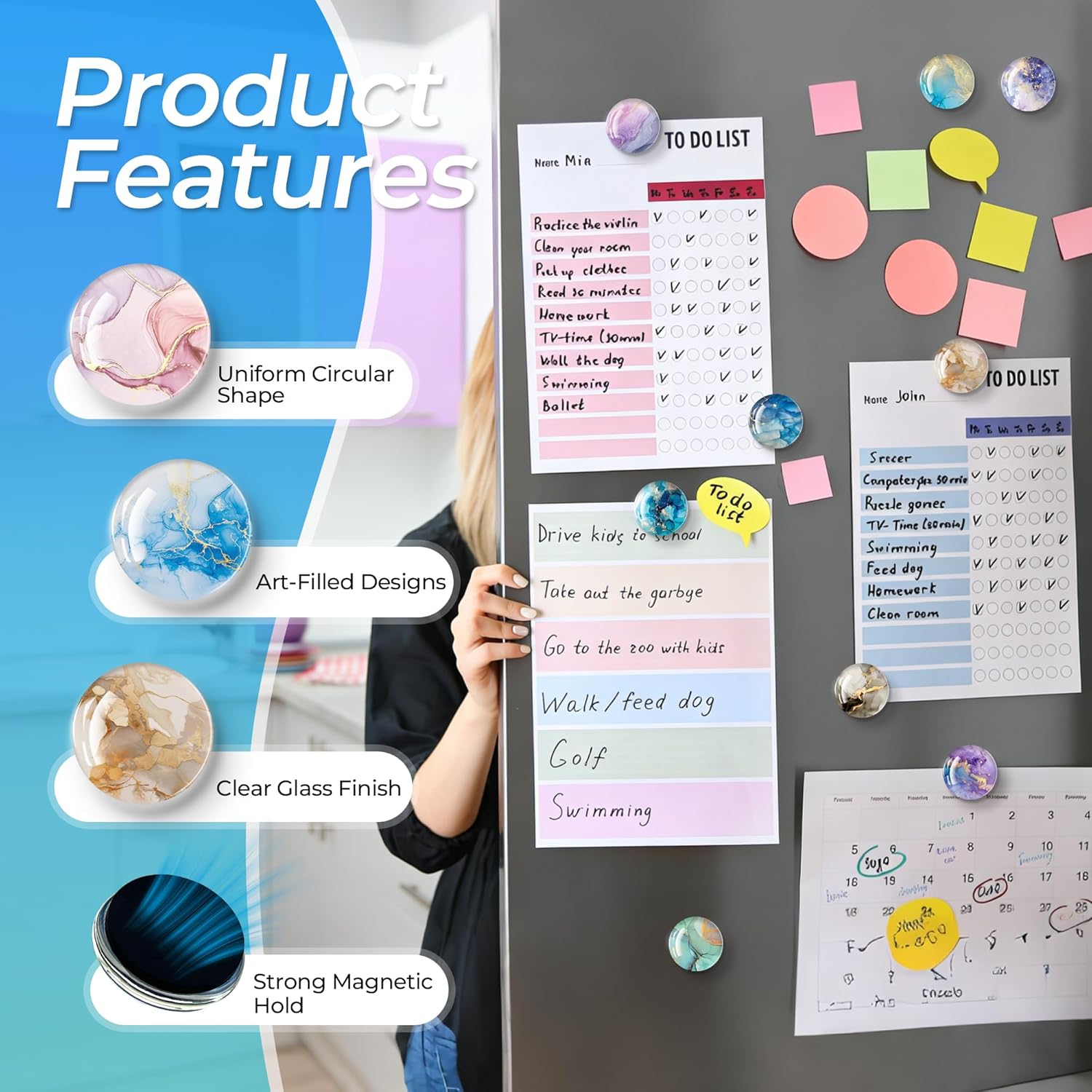 Thick 9mm 3D Glass Refrigerator Magnets 30mm Round – Strong Soft Magnet Backing, Heavy Duty Fridge Magnets for Photos, Notes, Whiteboard & Locker Use -24 Magnets(12 Designs of Gilded Sand, 2 of Each)