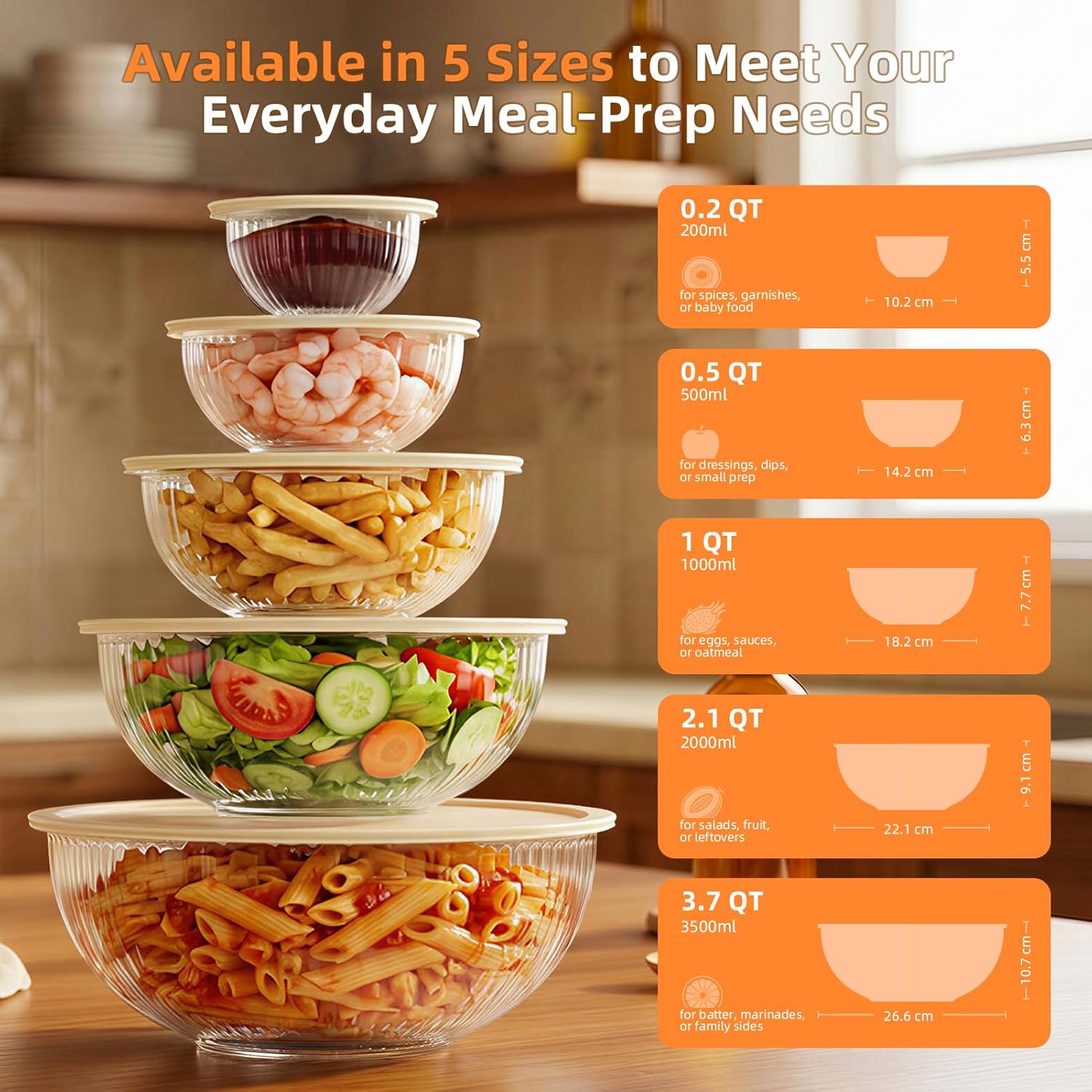 Jelife Glass Mixing Bowls with Lids Set - 5 Packs, Borosilicate Nesting Glass Bowls (3.7-2.1-1-0.5-0.2QT) for Baking, Salad, Meal Prep, Serving, Food Storage, BPA Free & Dishwasher Safe