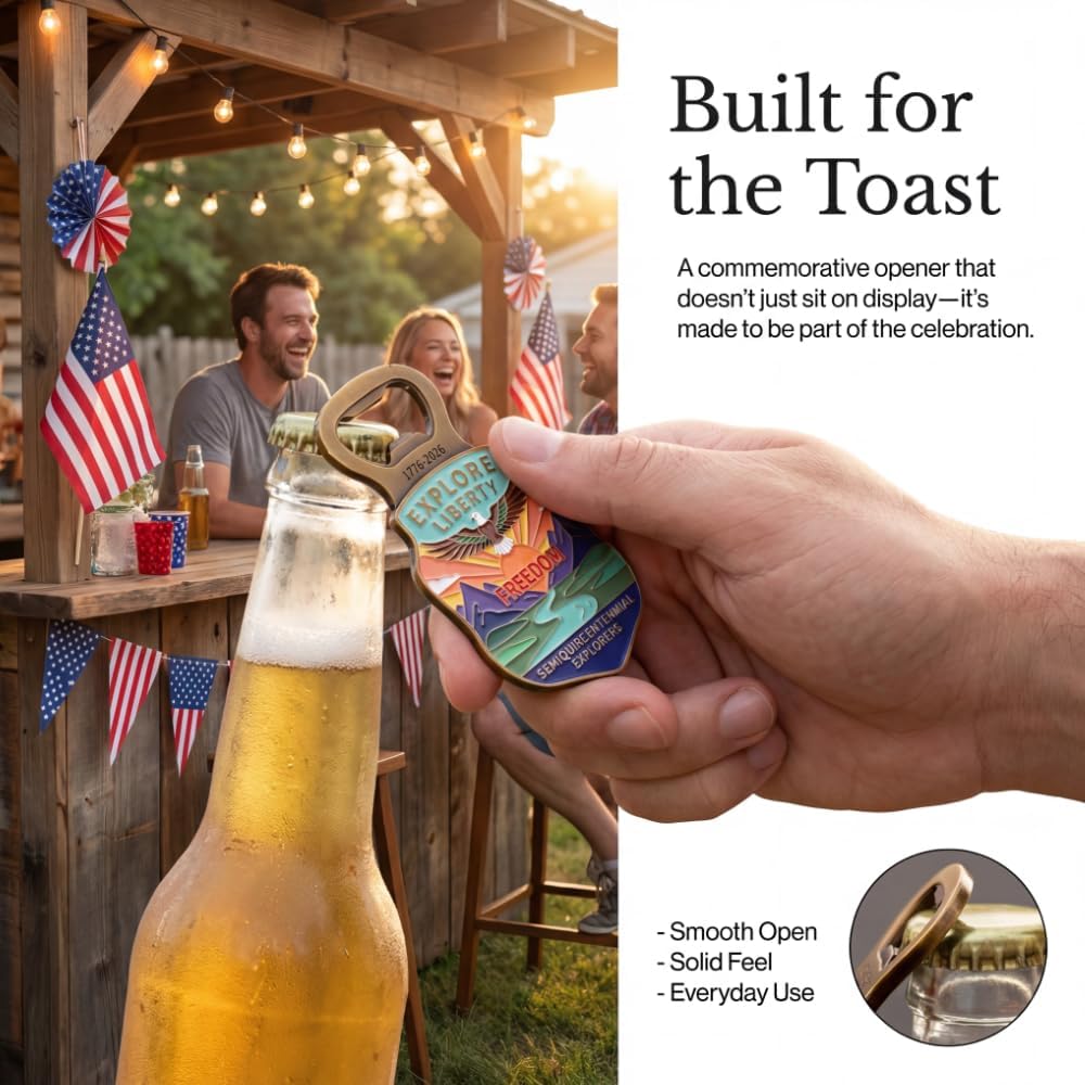 250 Anniversary USA Magnetic Bottle Opener, Zinc Alloy Fridge Bottle Opener with Vintage-Inspired American Heritage Artwork, 1776-2026 Semiquincentennial Patriotic Keepsake Gift