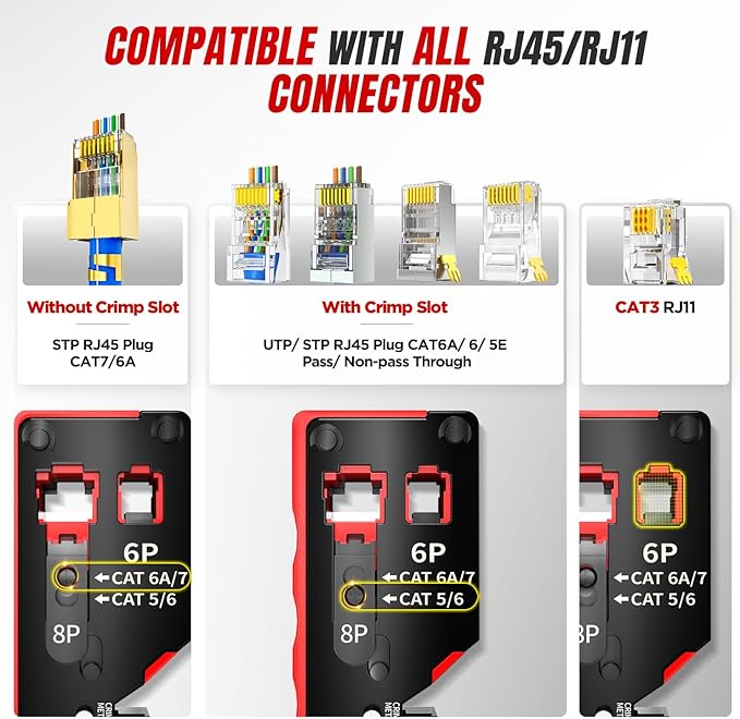 AMPCOM Pass Through RJ45 Crimp Tool, All-in-one Ethernet Crimper, Crimping for STP UTP RJ45/ RJ11 Cat8 Cat7 Cat6A Cat6 Cat5e Cat5 Connectors, AM-728RD