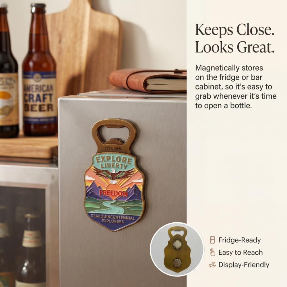 250 Anniversary USA Magnetic Bottle Opener, Zinc Alloy Fridge Bottle Opener with Vintage-Inspired American Heritage Artwork, 1776-2026 Semiquincentennial Patriotic Keepsake Gift