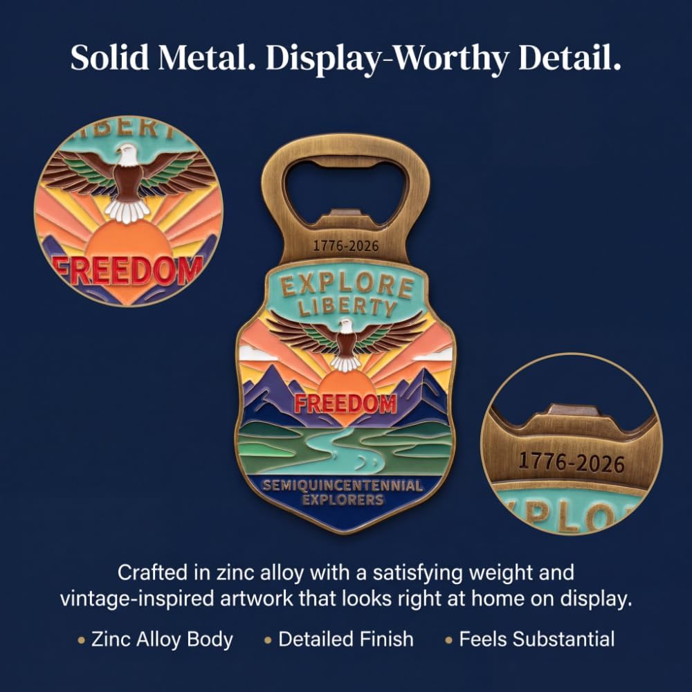 250 Anniversary USA Magnetic Bottle Opener, Zinc Alloy Fridge Bottle Opener with Vintage-Inspired American Heritage Artwork, 1776-2026 Semiquincentennial Patriotic Keepsake Gift