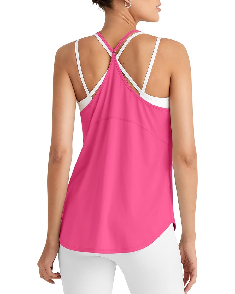 G4Free Running Tops for Women Spaghetti Workout Tank Fast Dry Athletic Racerback Gym Yoga Tanks Lightweight Summer Activewear (Hot Pink,XL,)