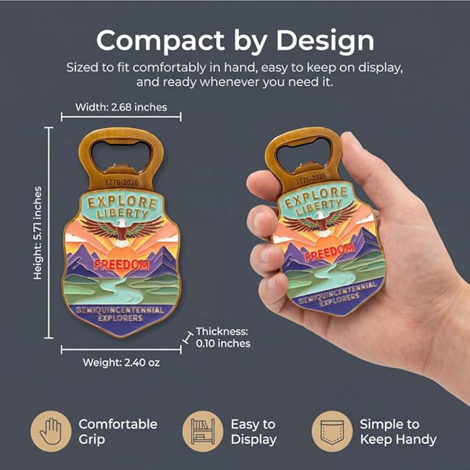 250 Anniversary USA Magnetic Bottle Opener, Zinc Alloy Fridge Bottle Opener with Vintage-Inspired American Heritage Artwork, 1776-2026 Semiquincentennial Patriotic Keepsake Gift
