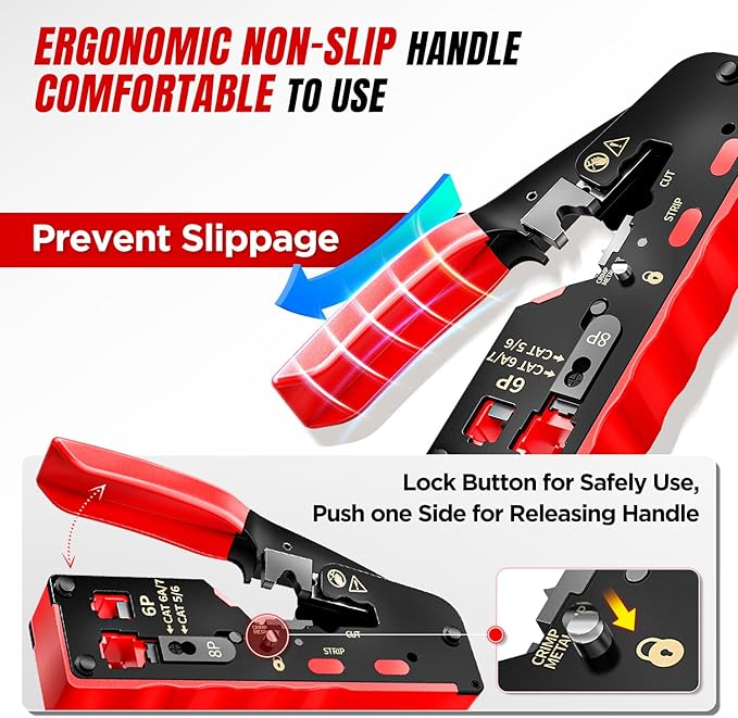 AMPCOM Pass Through RJ45 Crimp Tool, All-in-one Ethernet Crimper, Crimping for STP UTP RJ45/ RJ11 Cat8 Cat7 Cat6A Cat6 Cat5e Cat5 Connectors, AM-728RD