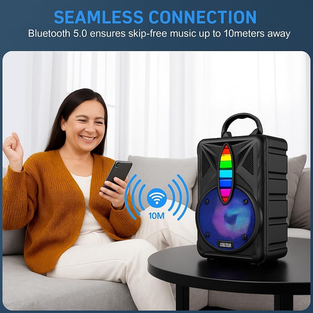 Portable Bluetooth Speaker with Microphone, Wireless Outdoor Speaker with RGB Rhythm Light, Deep Bass, Phone Holder, Ideal for Home, Parties & Outdoor Activities (Black)