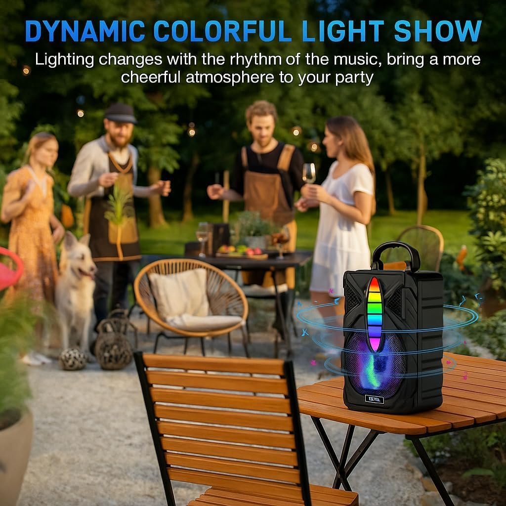Portable Bluetooth Speaker with Microphone, Wireless Outdoor Speaker with RGB Rhythm Light, Deep Bass, Phone Holder, Ideal for Home, Parties & Outdoor Activities (Black)