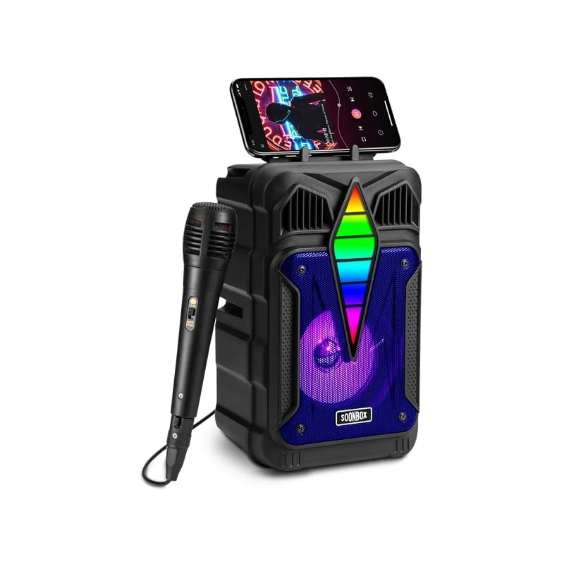 Portable Bluetooth Speaker with Microphone, Wireless Outdoor Speaker with RGB Rhythm Light, Deep Bass, Phone Holder, Ideal for Home, Parties & Outdoor Activities (Black)