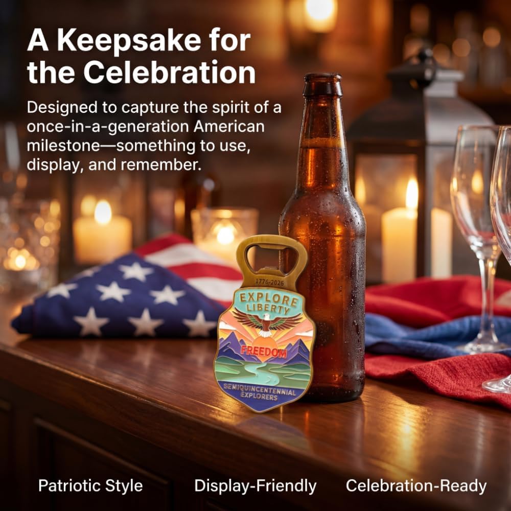 250 Anniversary USA Magnetic Bottle Opener, Zinc Alloy Fridge Bottle Opener with Vintage-Inspired American Heritage Artwork, 1776-2026 Semiquincentennial Patriotic Keepsake Gift
