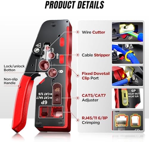 AMPCOM Pass Through RJ45 Crimp Tool, All-in-one Ethernet Crimper, Crimping for STP UTP RJ45/ RJ11 Cat8 Cat7 Cat6A Cat6 Cat5e Cat5 Connectors, AM-728RD