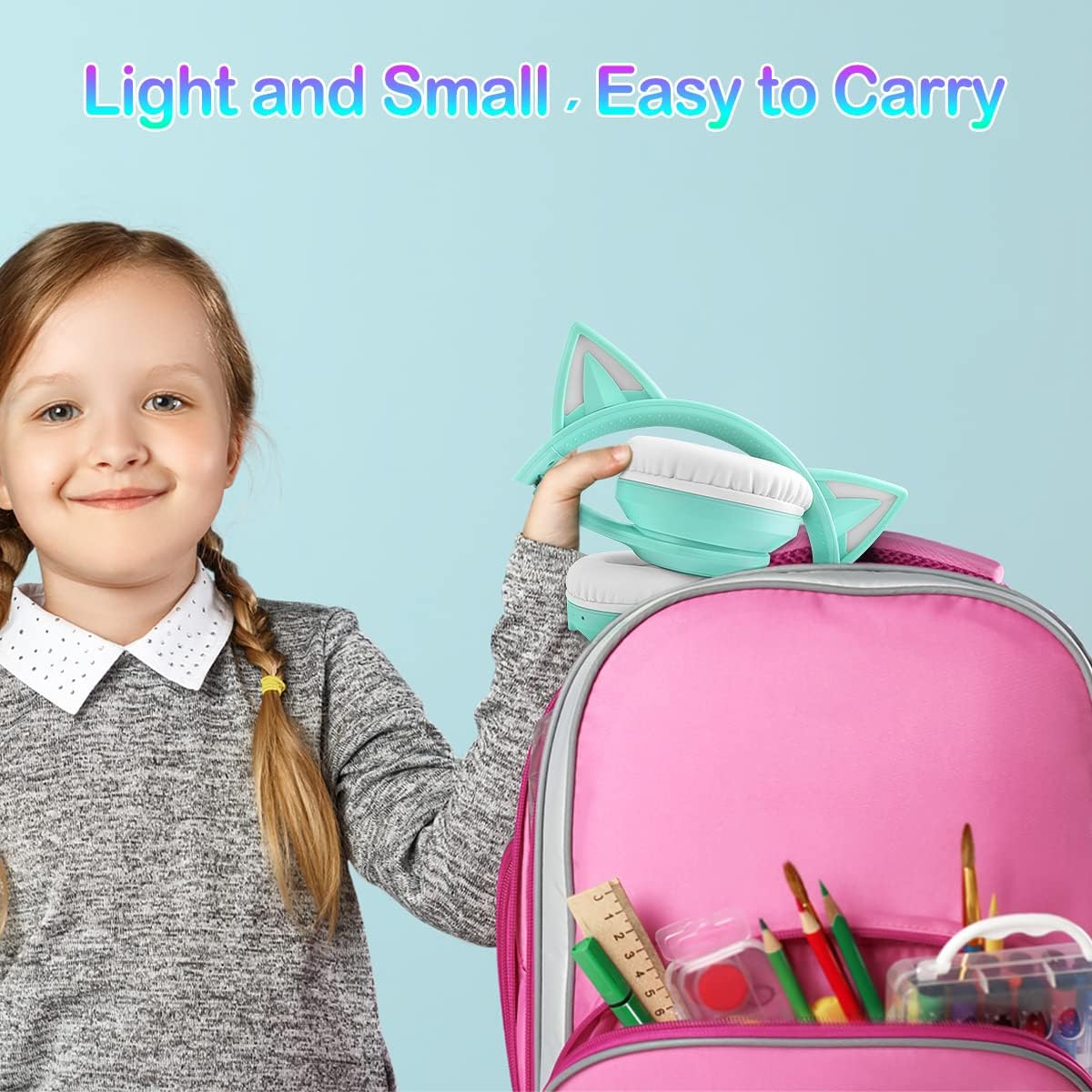 LOBKIN Bluetooth 5.4 Kids Headphones with Case - RGB LED Light Up Cat Ears Foldable Adjustable Over Ear Headphone Support Wireless or 3.5mm Wired Mode for Toddler & Girls & Boys Teens
