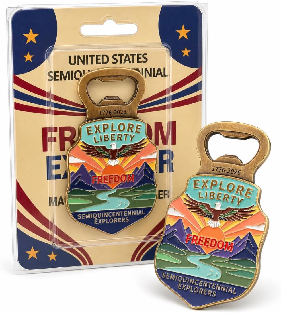 250 Anniversary USA Magnetic Bottle Opener, Zinc Alloy Fridge Bottle Opener with Vintage-Inspired American Heritage Artwork, 1776-2026 Semiquincentennial Patriotic Keepsake Gift