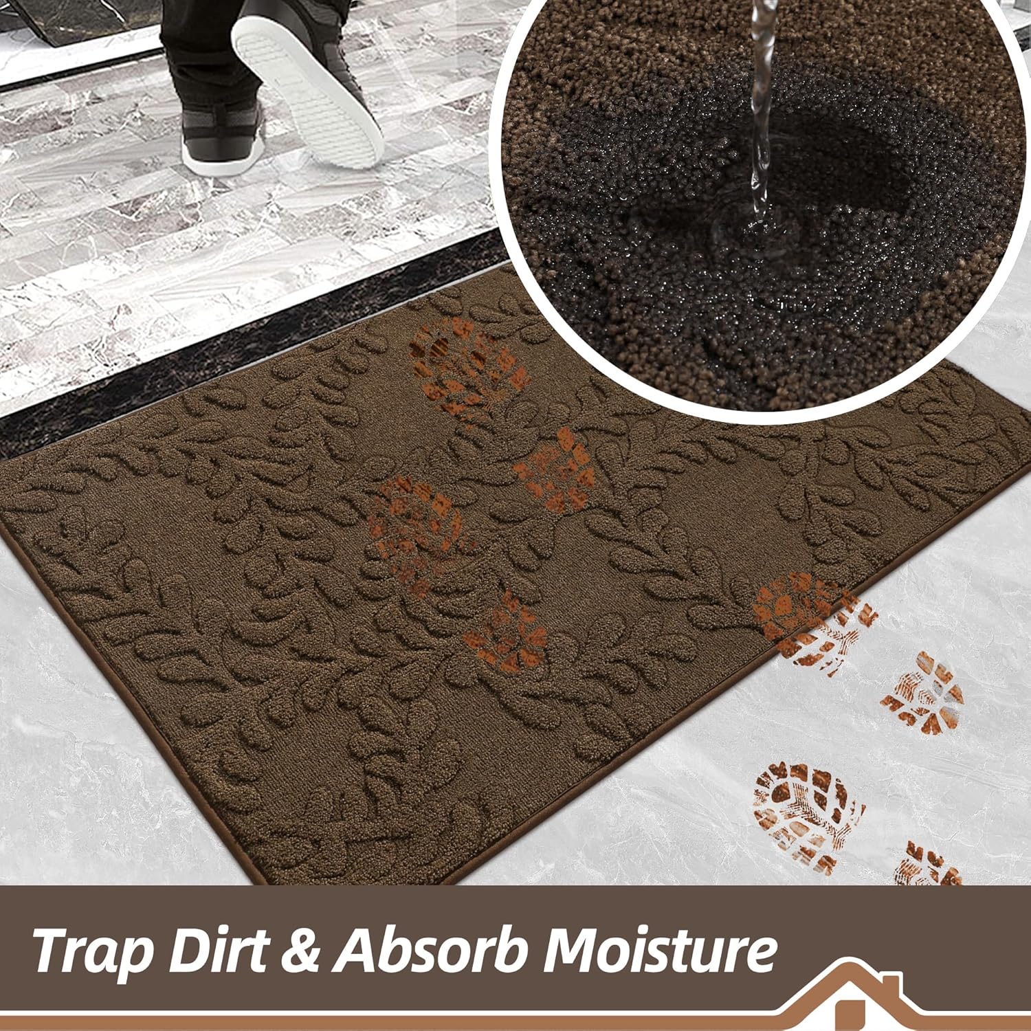BEQHAUSE Door Mats 20”x32”, Non-Slip TPR Backing Entryway Doormat, Super Absorbent Welcome Mat for Front Door, Mud Shoes & Paws, Washable Entry Rugs, Brown