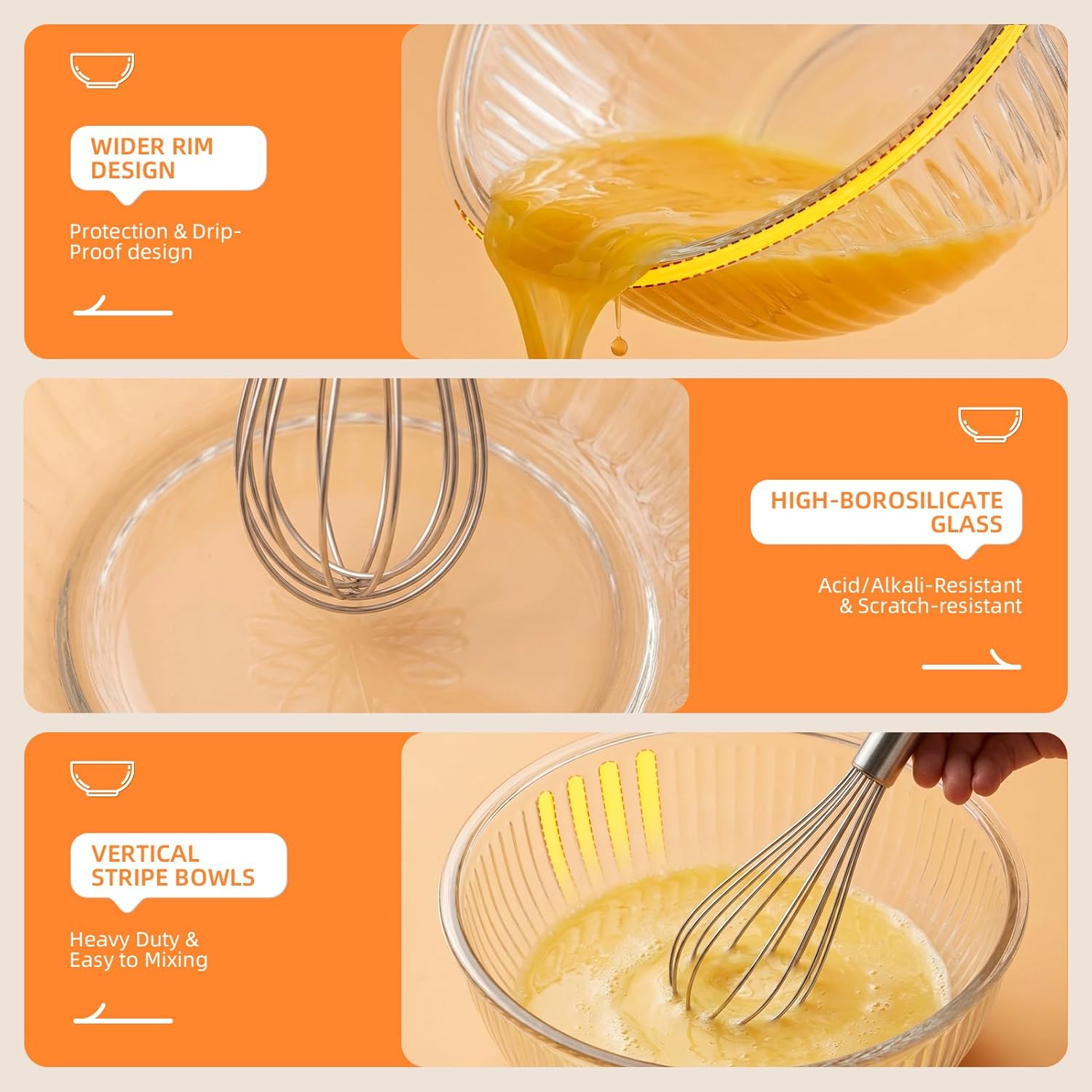 Jelife Glass Mixing Bowls with Lids Set - 5 Packs, Borosilicate Nesting Glass Bowls (3.7-2.1-1-0.5-0.2QT) for Baking, Salad, Meal Prep, Serving, Food Storage, BPA Free & Dishwasher Safe